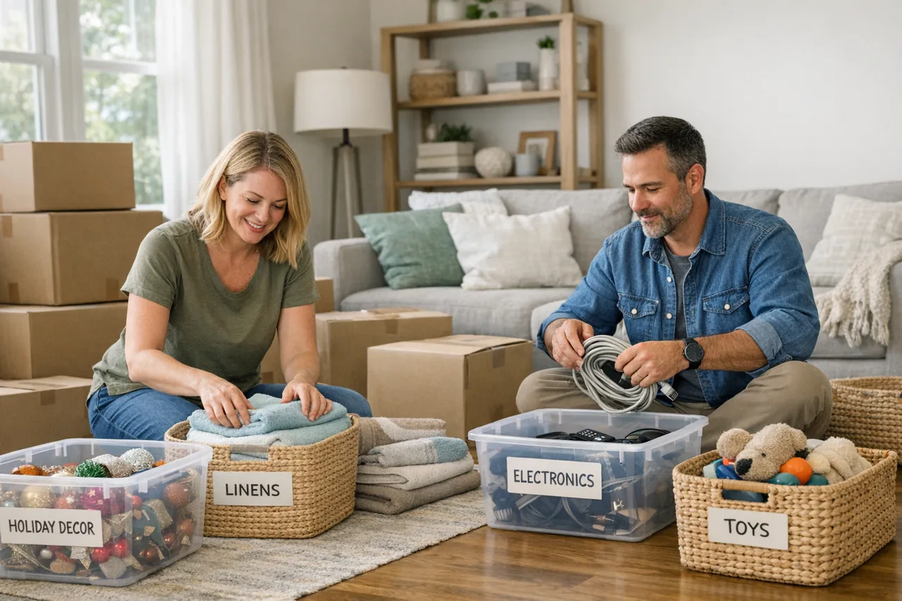 Stacked household boxes and bins prepared for organized storage